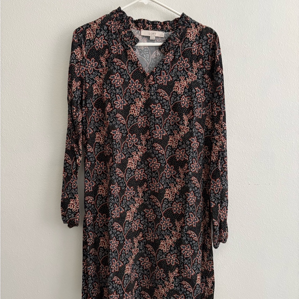 LOFT Long Sleeve Black Brown Floral Print Dress